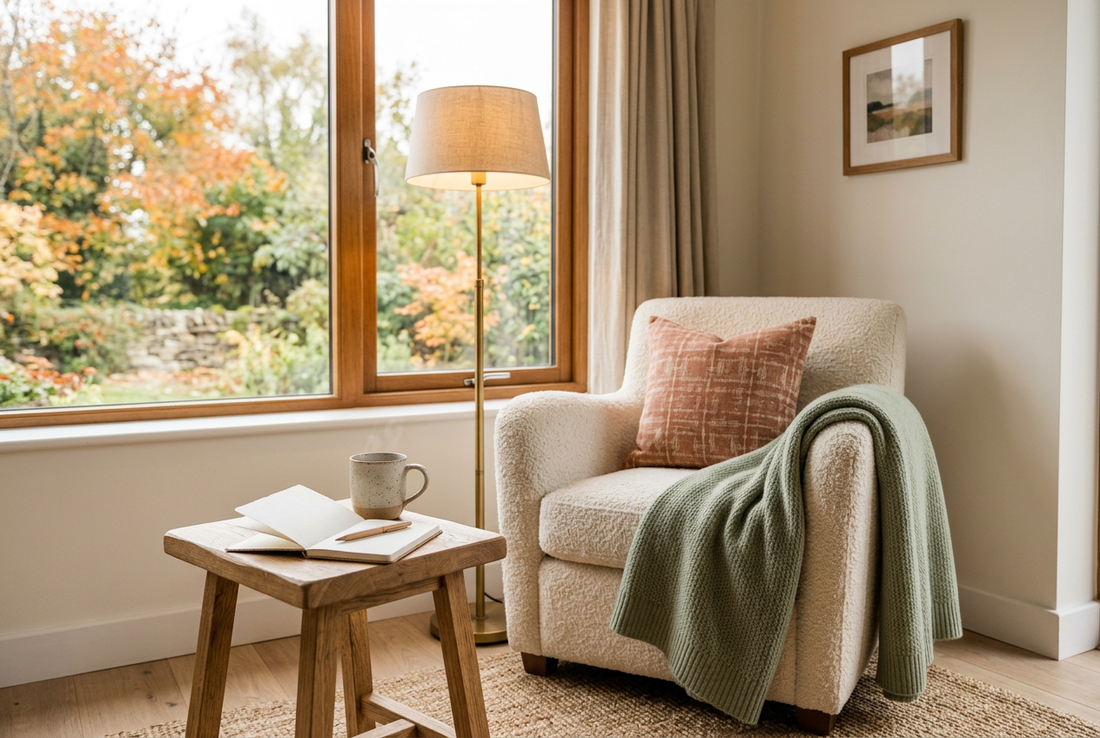Cozy fall self-care corner with an armchair, soft throw, and a side table for reading and journaling.