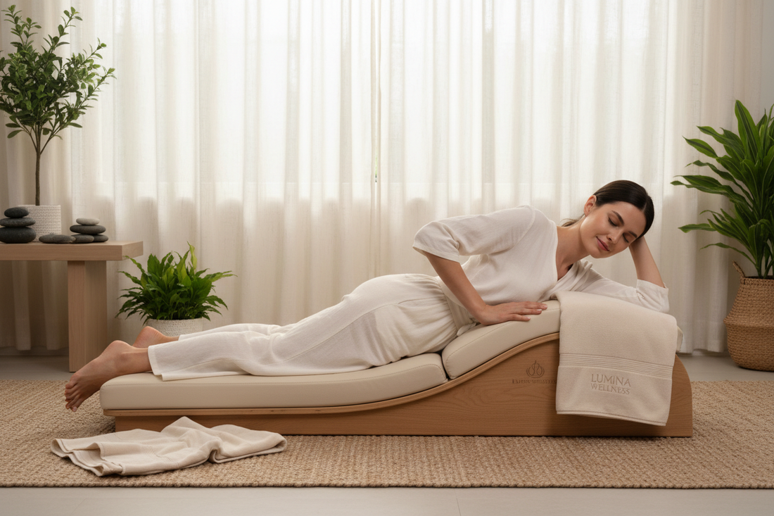 Person using lumbar traction device for lower back pain relief