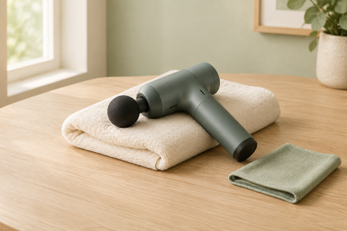 Handheld massage tool resting on a folded cream towel beside a sage cleaning cloth.