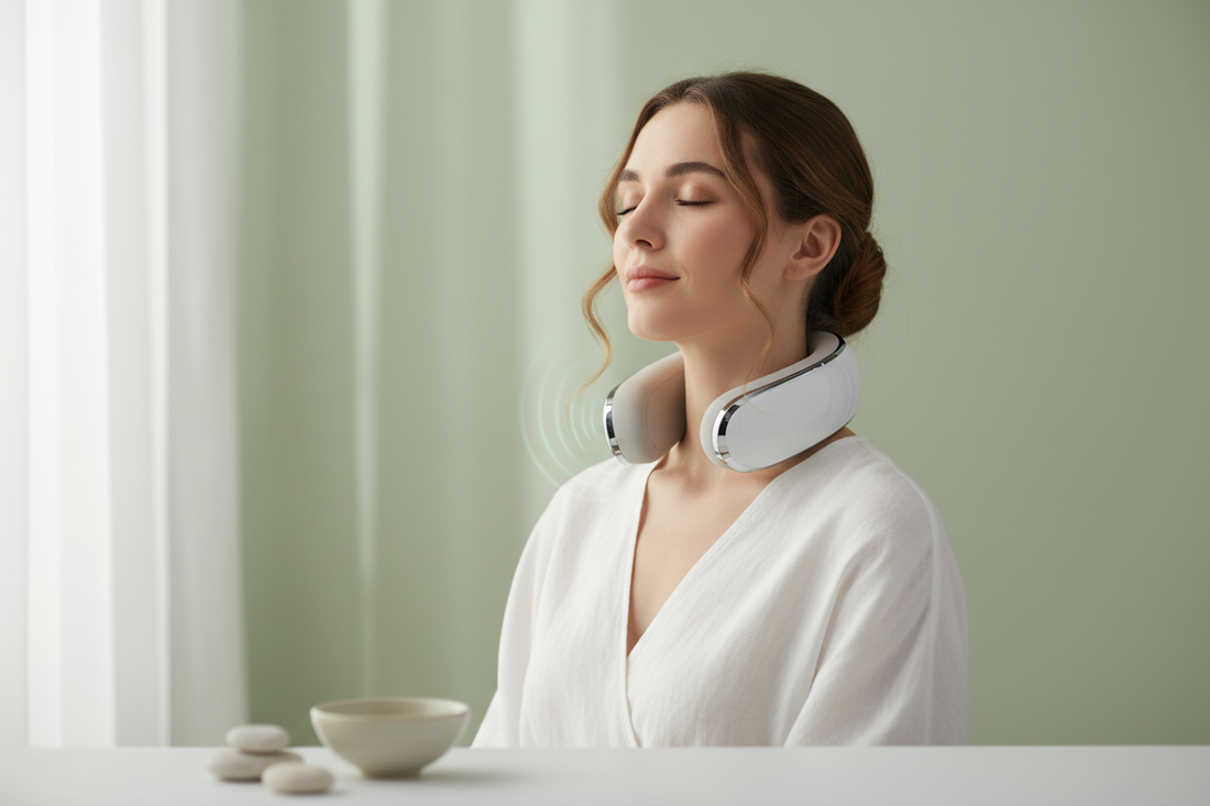 Woman using a neck massager for tension headache relief