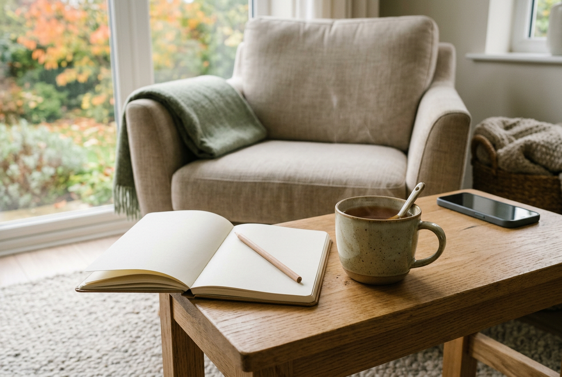 A mug of tea and an open journal beside a comfortable chair in soft afternoon light.