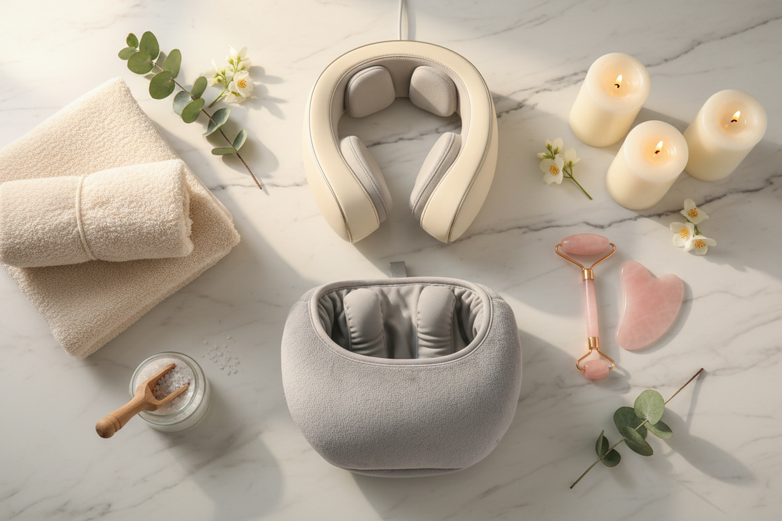 Luxury self-care night routine with wellness devices flat lay