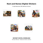Rest and Renew Digital Stickers Pack 7 – 5 high-resolution PNG wellness sticker designs celebrating rest, renewal and perseverance