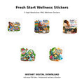 Fresh Start Wellness Stickers Pack 12 – 5 high-resolution PNG wellness sticker designs celebrating happiness, peace and fresh starts