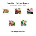 Fresh Start Wellness Stickers Pack 12 – 5 high-resolution PNG wellness sticker designs celebrating happiness, peace and fresh starts