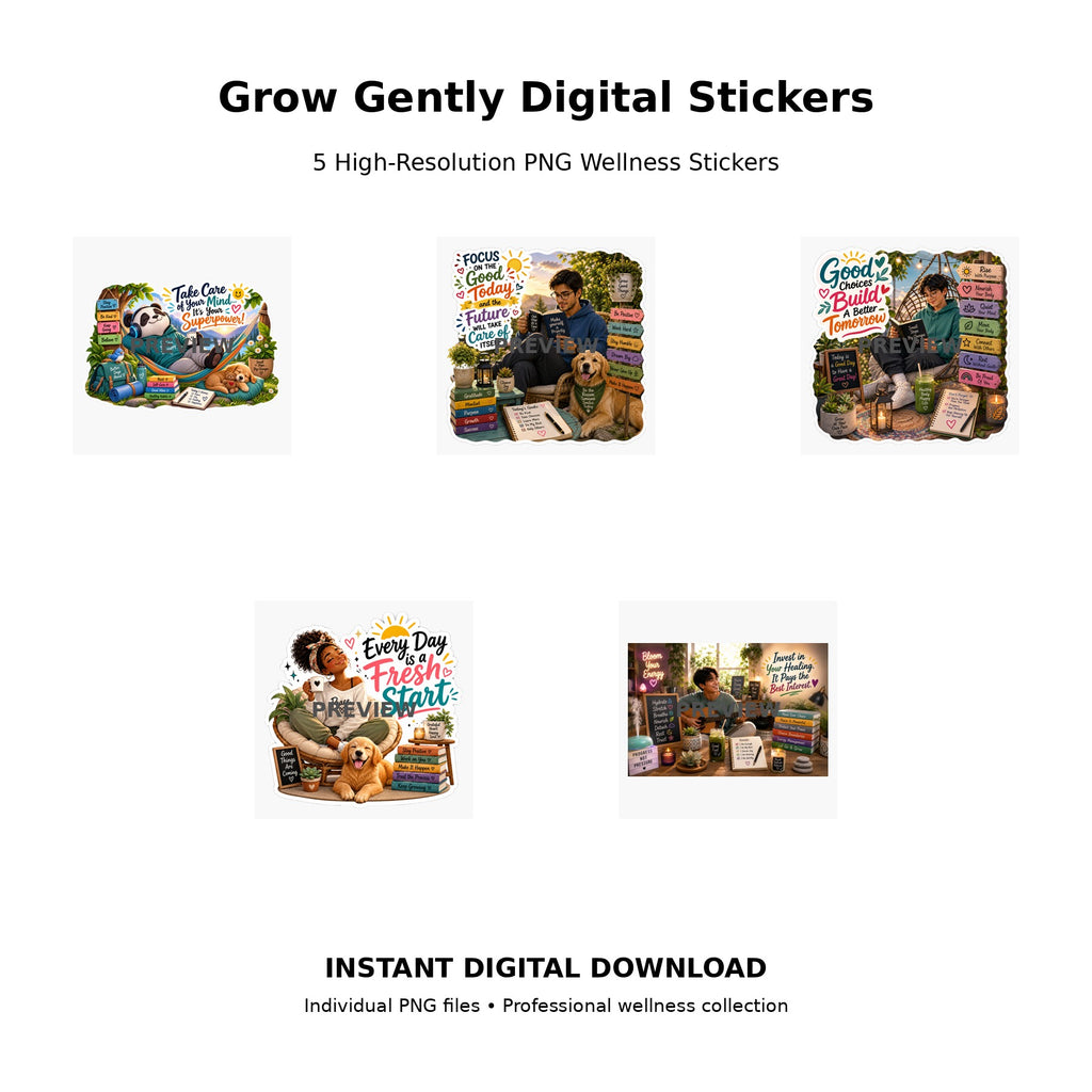 Grow Gently Digital Stickers Pack 15 – 5 high-resolution PNG wellness sticker designs celebrating growth, good choices and fresh starts