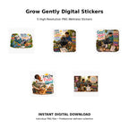 Grow Gently Digital Stickers Pack 15 – 5 high-resolution PNG wellness sticker designs celebrating growth, good choices and fresh starts