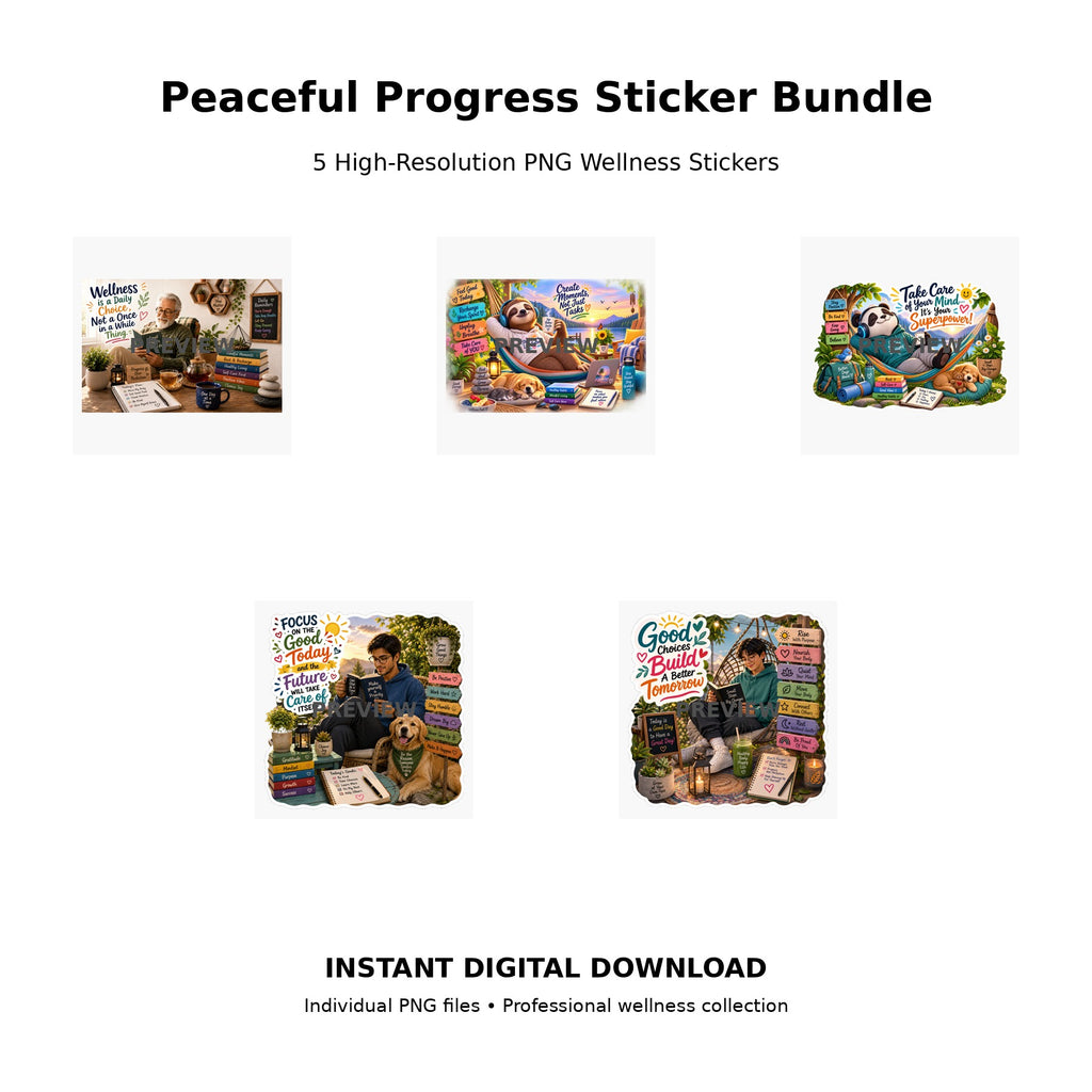 Peaceful Progress Sticker Bundle Pack 4 – 5 high-resolution PNG wellness sticker designs celebrating daily progress and mindful choices