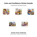 Calm and Confidence Sticker Bundle Pack 9 – 5 high-resolution PNG wellness sticker designs celebrating calm, confidence and self-care