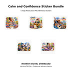 Calm and Confidence Sticker Bundle Pack 9 – 5 high-resolution PNG wellness sticker designs celebrating calm, confidence and self-care
