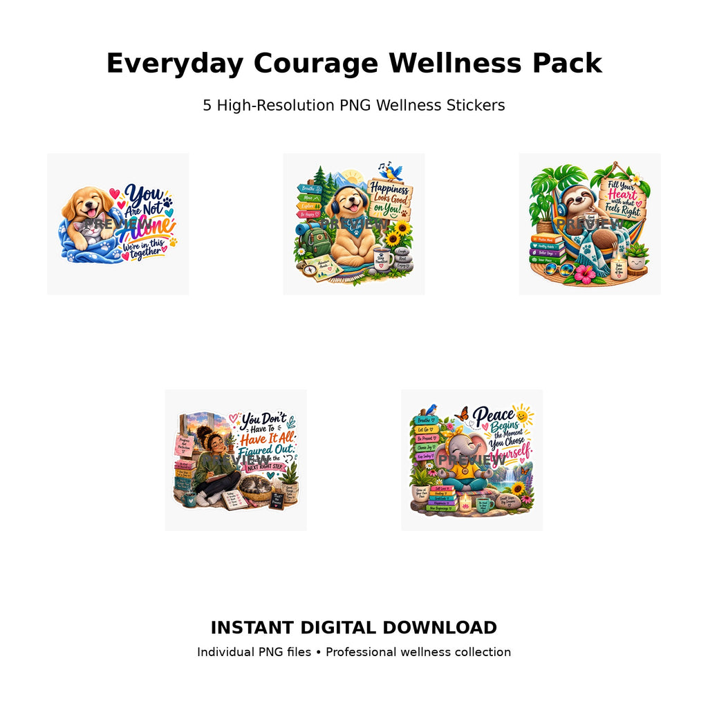 Everyday Courage Wellness Pack 8 – 5 high-resolution PNG wellness sticker designs celebrating courage, happiness and self-love