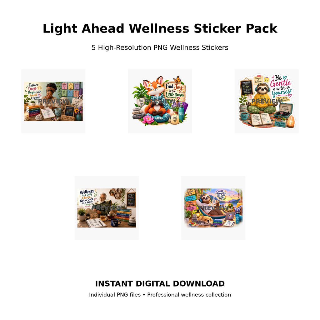 Light Ahead Wellness Sticker Pack 14 – 5 high-resolution PNG wellness sticker designs celebrating gentleness, joy and daily wellness choices