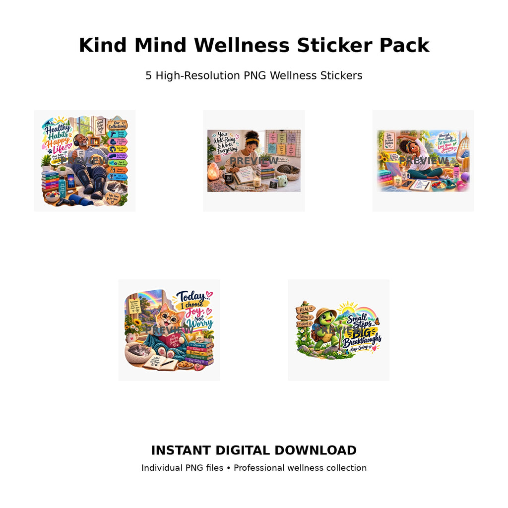 Kind Mind Wellness Sticker Pack 6 – 5 high-resolution PNG wellness sticker designs celebrating healthy habits and self-worth