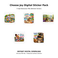 Choose Joy Digital Sticker Pack 11 – 5 high-resolution PNG wellness sticker designs celebrating joy, progress and self-care