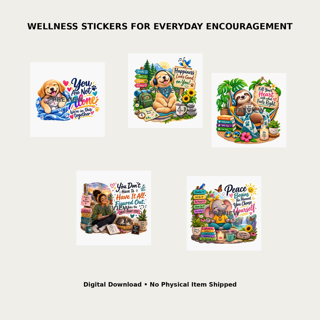 Everyday Courage Wellness Pack 8 – Lifestyle mockup showing all 5 wellness sticker designs for everyday encouragement