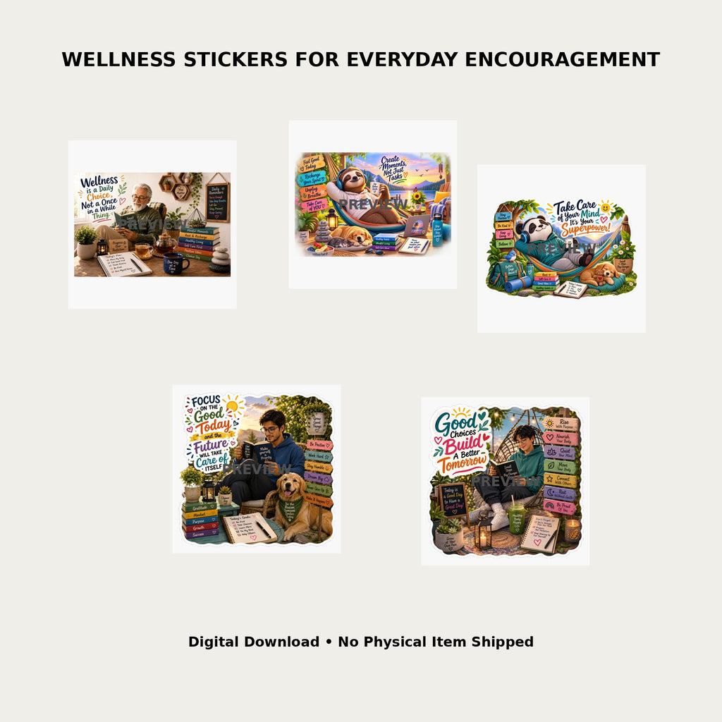Peaceful Progress Sticker Bundle Pack 4 – Lifestyle mockup showing all 5 wellness sticker designs for everyday encouragement