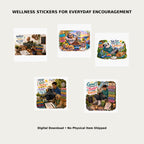 Peaceful Progress Sticker Bundle Pack 4 – Lifestyle mockup showing all 5 wellness sticker designs for everyday encouragement