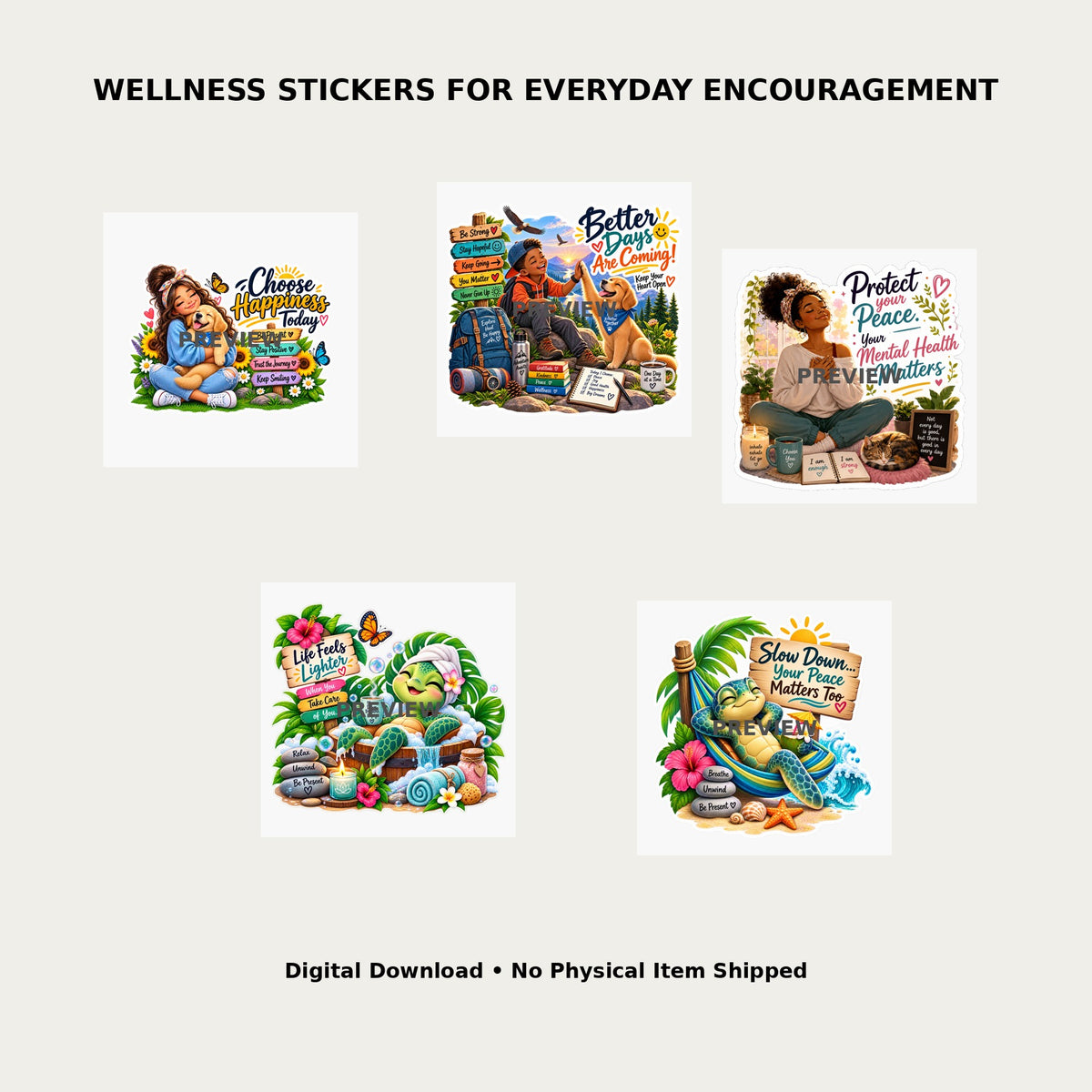 Fresh Start Wellness Stickers Pack 12 – Lifestyle mockup showing all 5 wellness sticker designs for everyday encouragement