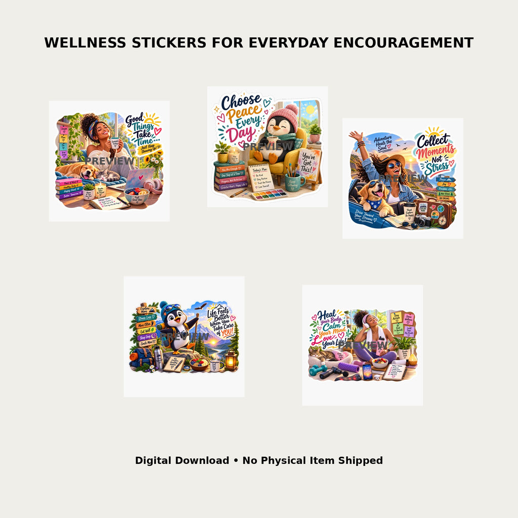 Calm and Confidence Sticker Bundle Pack 9 – Lifestyle mockup showing all 5 wellness sticker designs for everyday encouragement