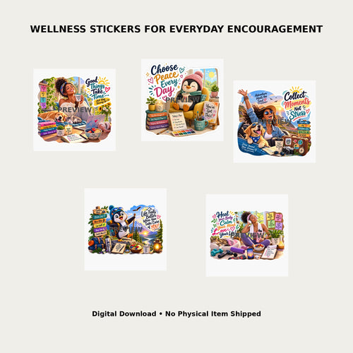 Calm and Confidence Sticker Bundle Pack 9 – Lifestyle mockup showing all 5 wellness sticker designs for everyday encouragement