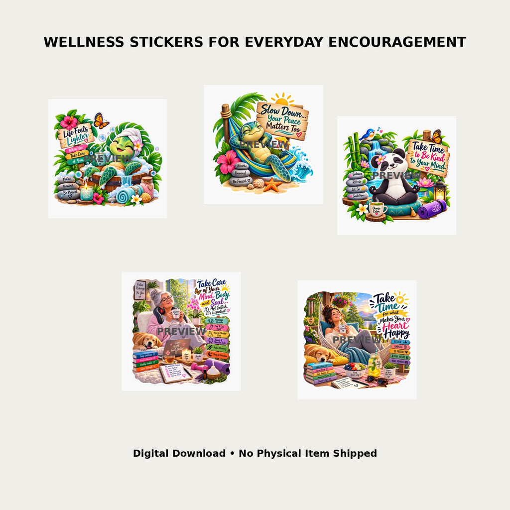 Hope in Motion Wellness Stickers Pack 2 – Lifestyle mockup showing all 5 wellness sticker designs for everyday encouragement