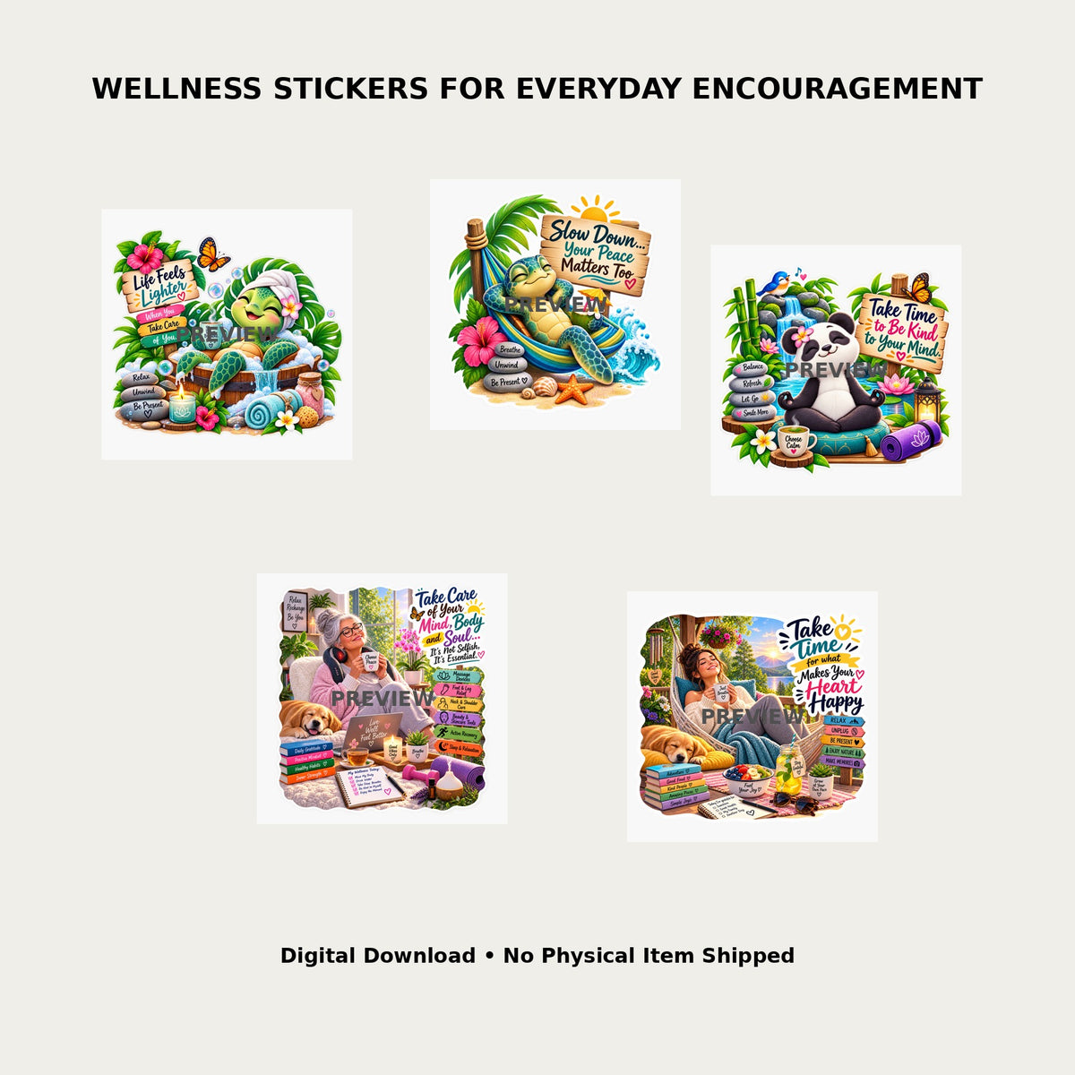 Hope in Motion Wellness Stickers Pack 2 – Lifestyle mockup showing all 5 wellness sticker designs for everyday encouragement