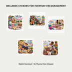 Healing Moments Wellness Stickers Pack 10 – Lifestyle mockup showing all 5 wellness sticker designs for everyday encouragement