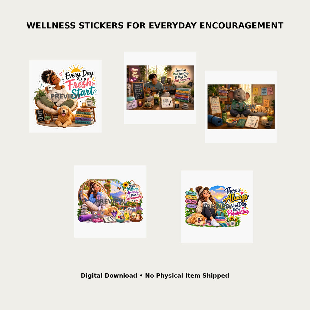 Brighter Days Wellness Stickers Pack 5 – Lifestyle mockup showing all 5 wellness sticker designs for everyday encouragement