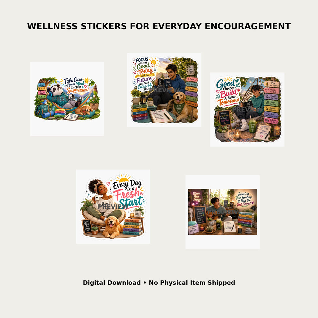 Grow Gently Digital Stickers Pack 15 – Lifestyle mockup showing all 5 wellness sticker designs for everyday encouragement