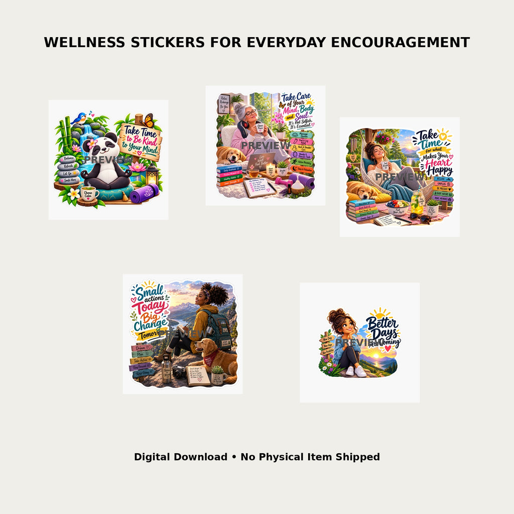 Mindful Momentum Sticker Bundle Pack 13 – Lifestyle mockup showing all 5 wellness sticker designs for everyday encouragement