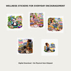 Mindful Momentum Sticker Bundle Pack 13 – Lifestyle mockup showing all 5 wellness sticker designs for everyday encouragement