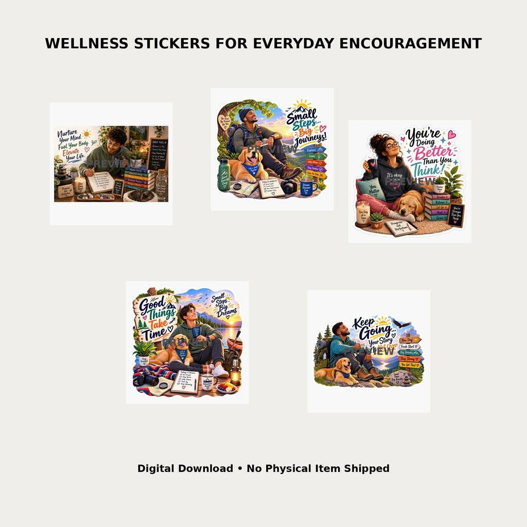 Rest and Renew Digital Stickers Pack 7 – Lifestyle mockup showing all 5 wellness sticker designs for everyday encouragement