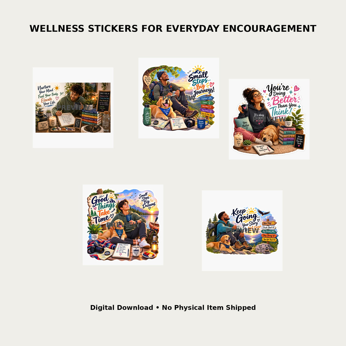 Rest and Renew Digital Stickers Pack 7 – Lifestyle mockup showing all 5 wellness sticker designs for everyday encouragement