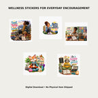 Small Joys Wellness Sticker Pack – Lifestyle mockup showing all 5 wellness sticker designs for everyday encouragement
