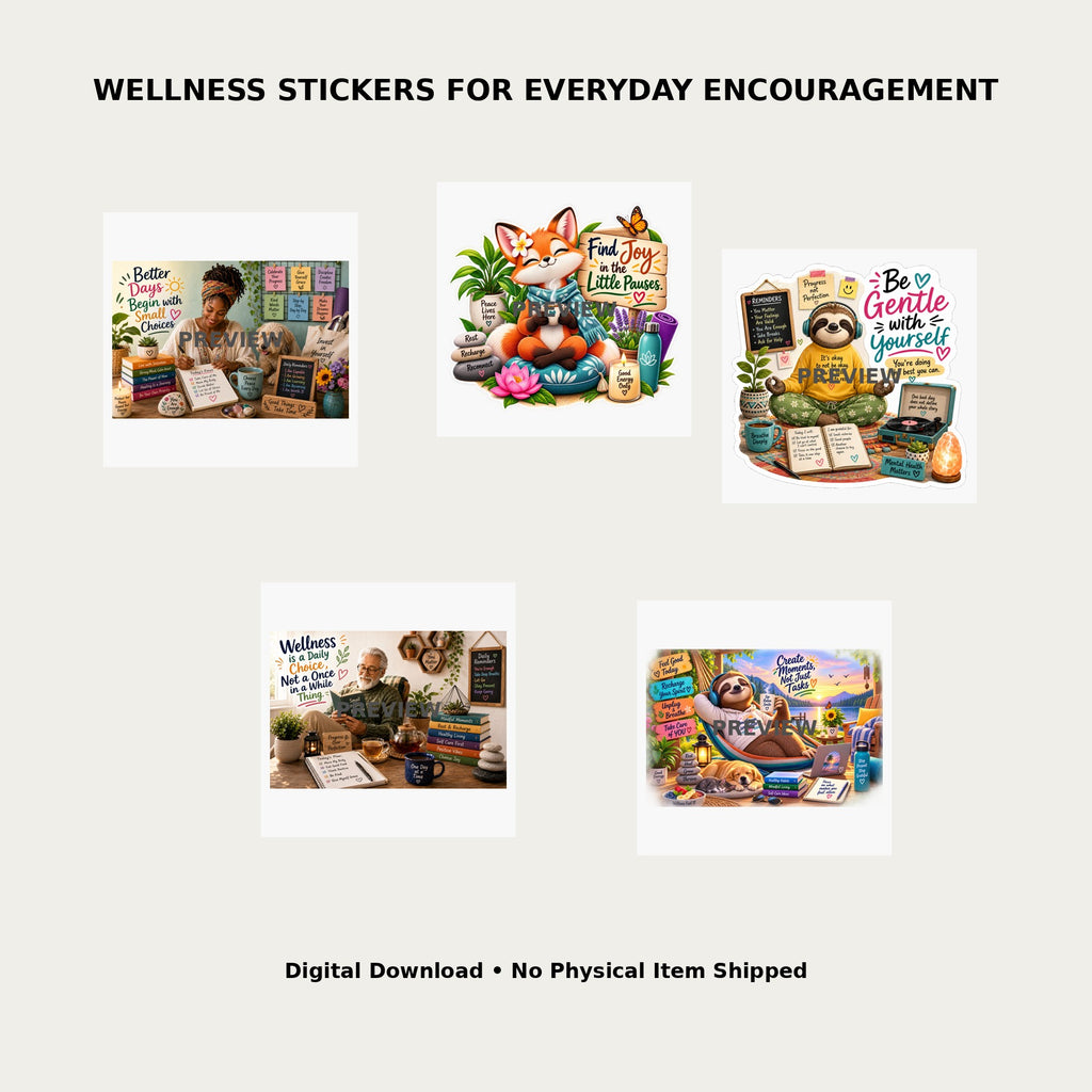 Light Ahead Wellness Sticker Pack 14 – Lifestyle mockup showing all 5 wellness sticker designs for everyday encouragement