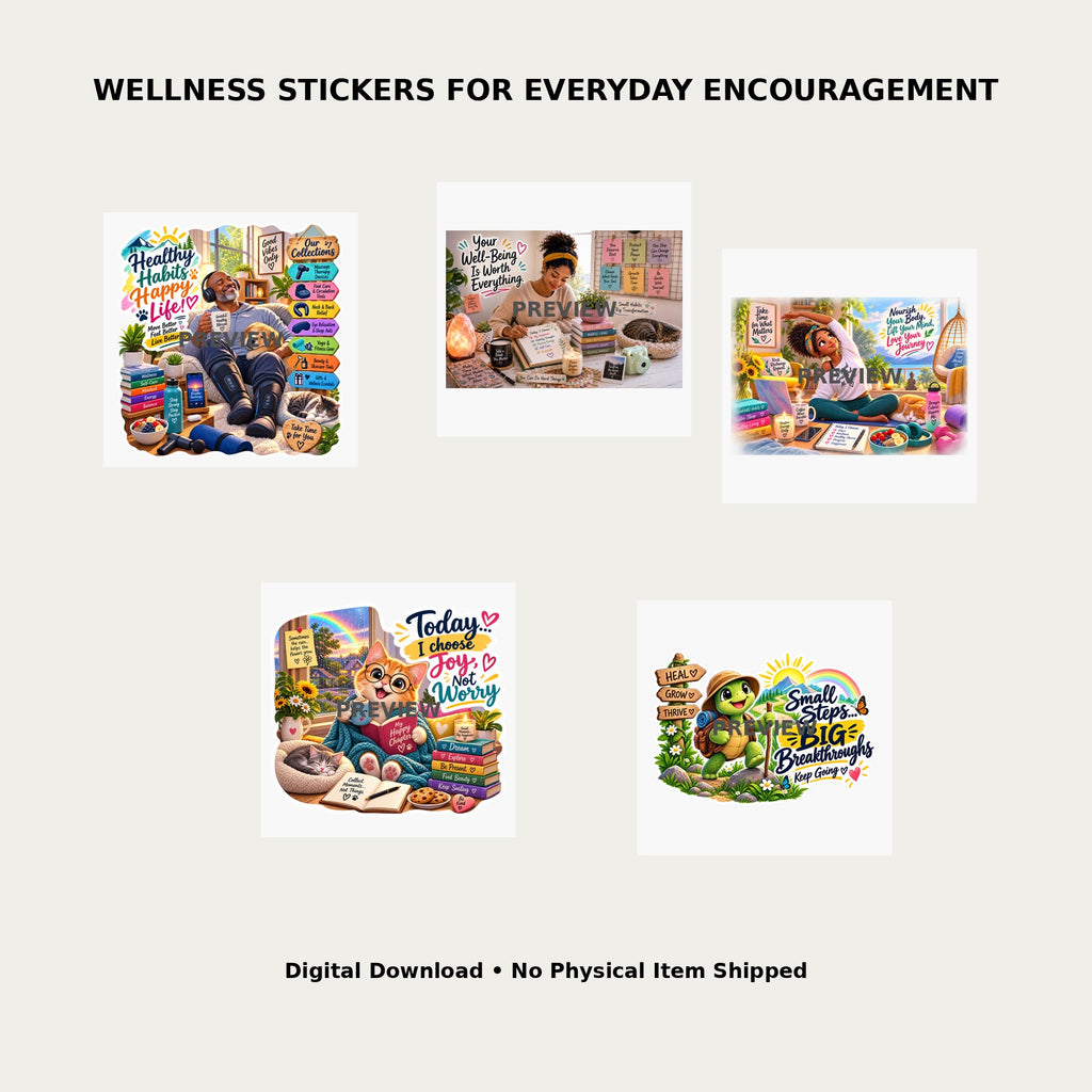 Kind Mind Wellness Sticker Pack 6 – Lifestyle mockup showing all 5 wellness sticker designs for everyday encouragement