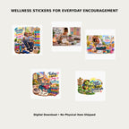 Kind Mind Wellness Sticker Pack 6 – Lifestyle mockup showing all 5 wellness sticker designs for everyday encouragement