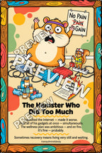 Funny cartoon hamster surrounded by pain relief bottles, sparking gadgets and a wellness plan on fire with an EMT squirrel nearby