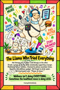 Funny cartoon llama doing every wellness activity at once while a zen cat sits nearby holding a this is fine sign