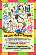 Funny cartoon llama doing every wellness activity at once while a zen cat sits nearby holding a this is fine sign