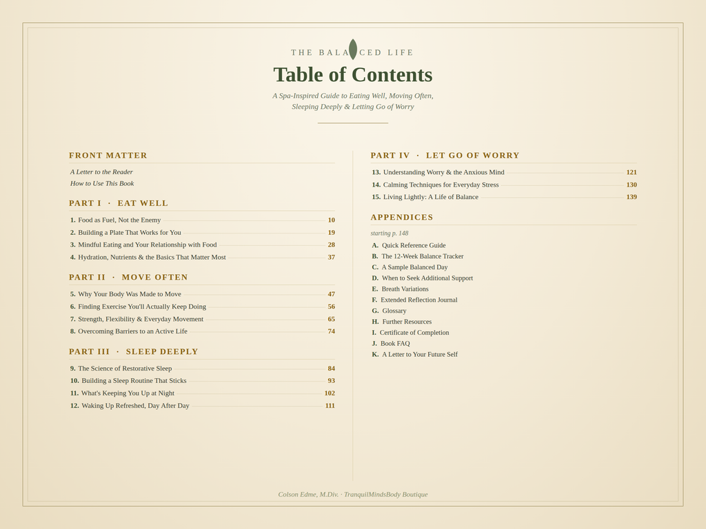 The Balanced Life - Full Table of Contents: 15 chapters, 4 parts, 11 appendices including trackers, reflection journal, certificate of completion