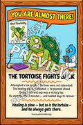 Funny cartoon tortoise attempting a toe touch stretch with band-aids on its shell and a concerned doctor bird taking notes