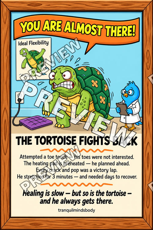Funny cartoon tortoise attempting a toe touch stretch with band-aids on its shell and a concerned doctor bird taking notes